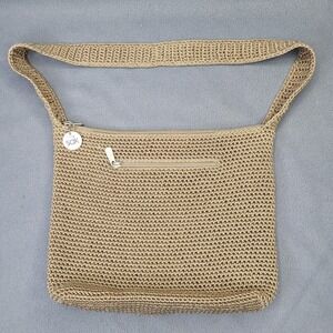 SAK Crochet Hobo Purse Woven Bag Tan Shoulder Charm Pockets Slouch Coastal Y2K